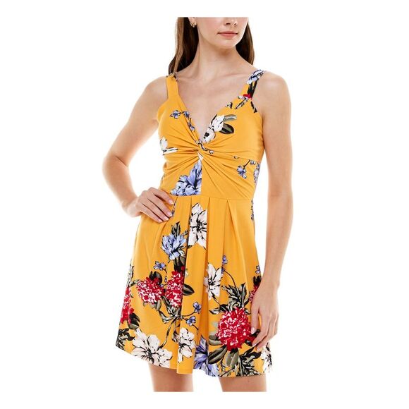 PLANET GOLD Womens Yellow Twist Front Sleeveless Short Fit + Flare Dress XXS - Picture 1 of 4